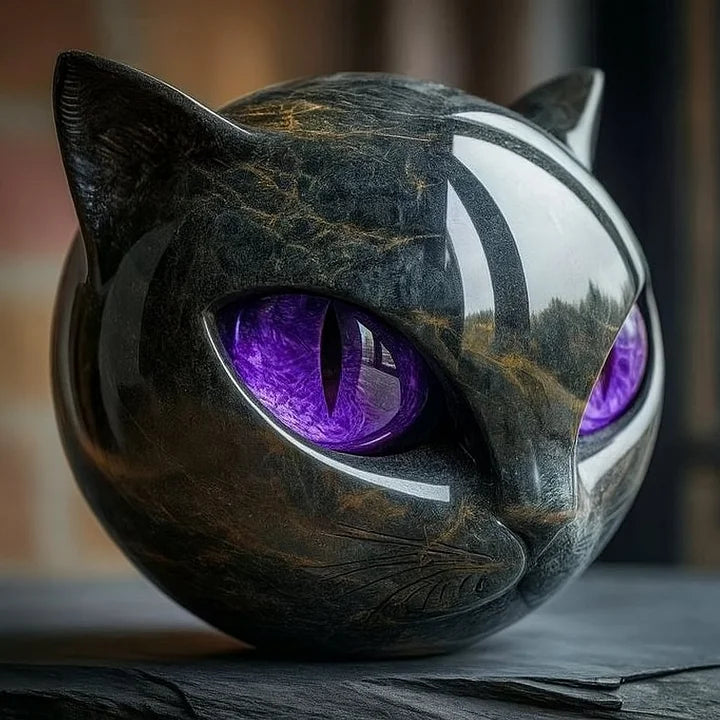 Black Cat Head Sculpture with Mesmerizing Eyes