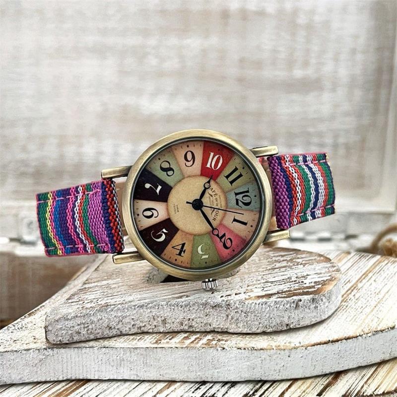 Multicolored Rainbow Pattern Watch with Adjustable Woven Strap