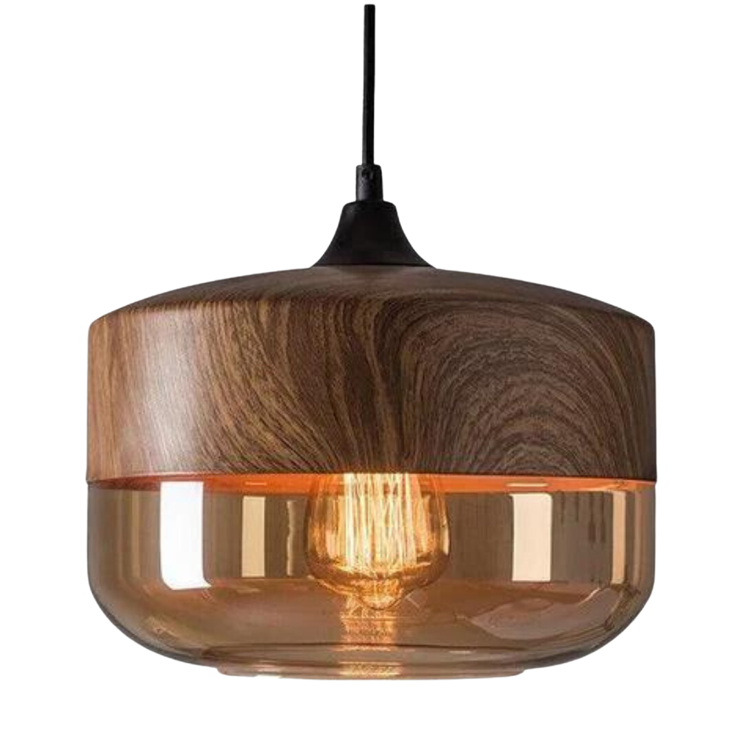Scandinavian Chic Wooden Ceiling Light with Tinted Glass