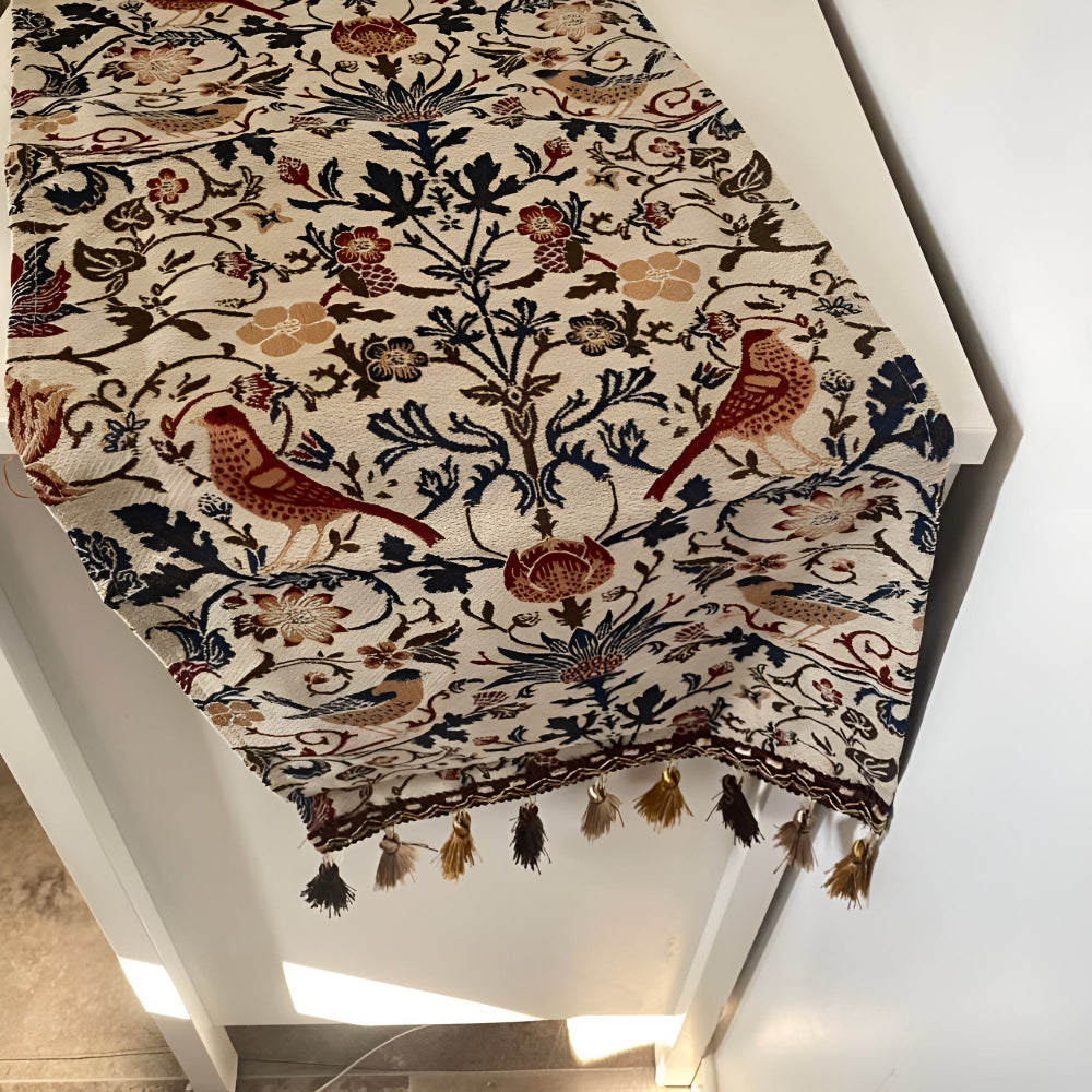 Vintage Floral & Bird Jacquard Table Runner with Tassel Accents