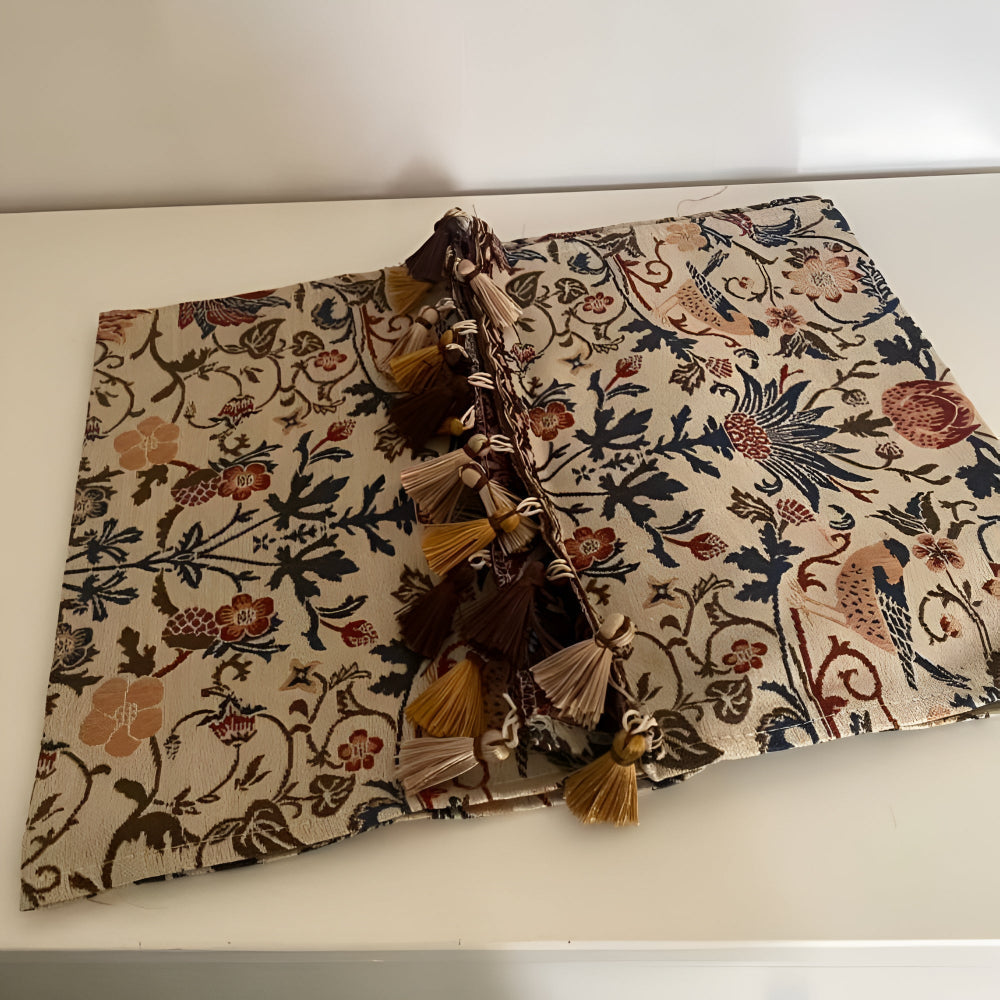 Vintage Floral & Bird Jacquard Table Runner with Tassel Accents