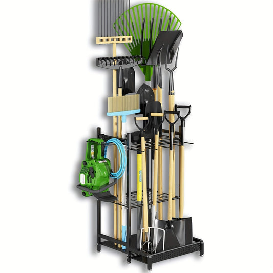 Heavy-Duty Black Metal Garden Rack – Robust Outdoor Tool & Hose Storage Organizer