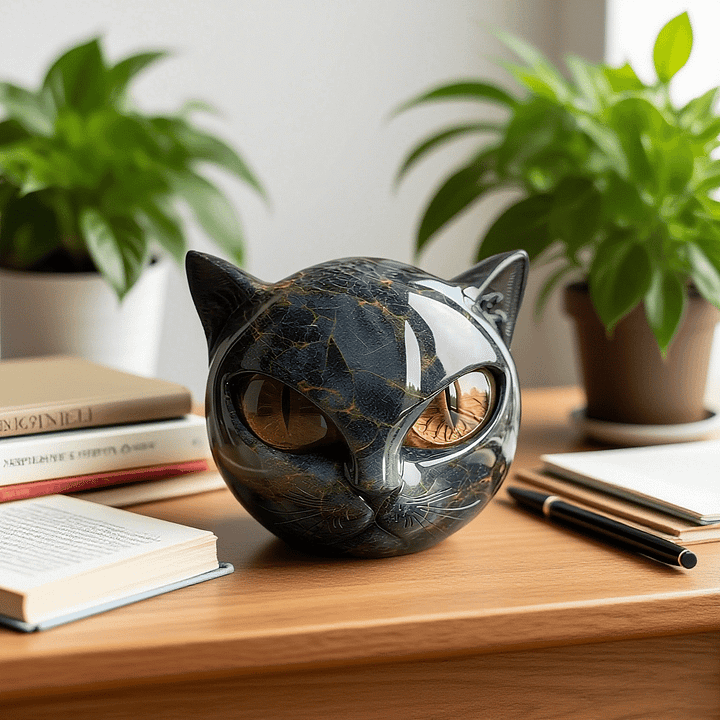 Black Cat Head Sculpture with Mesmerizing Eyes