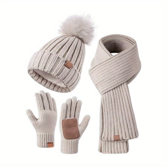 3-Piece Winter Knit Set: Hat, Scarf & Touchscreen Gloves