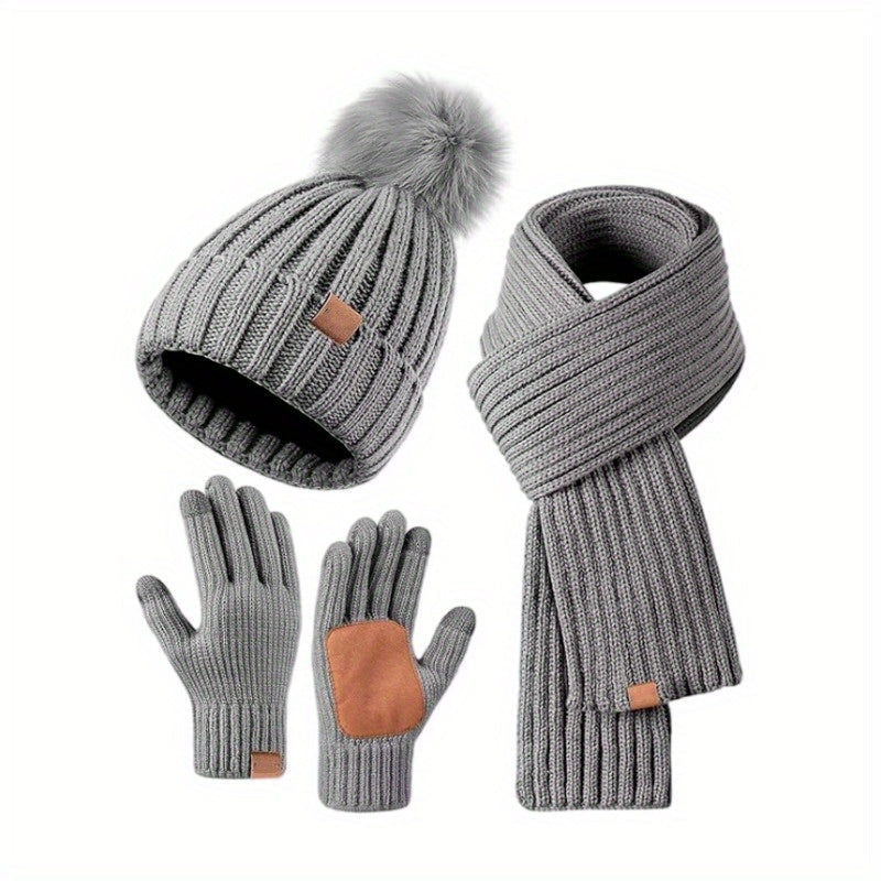 3-Piece Winter Knit Set: Hat, Scarf & Touchscreen Gloves
