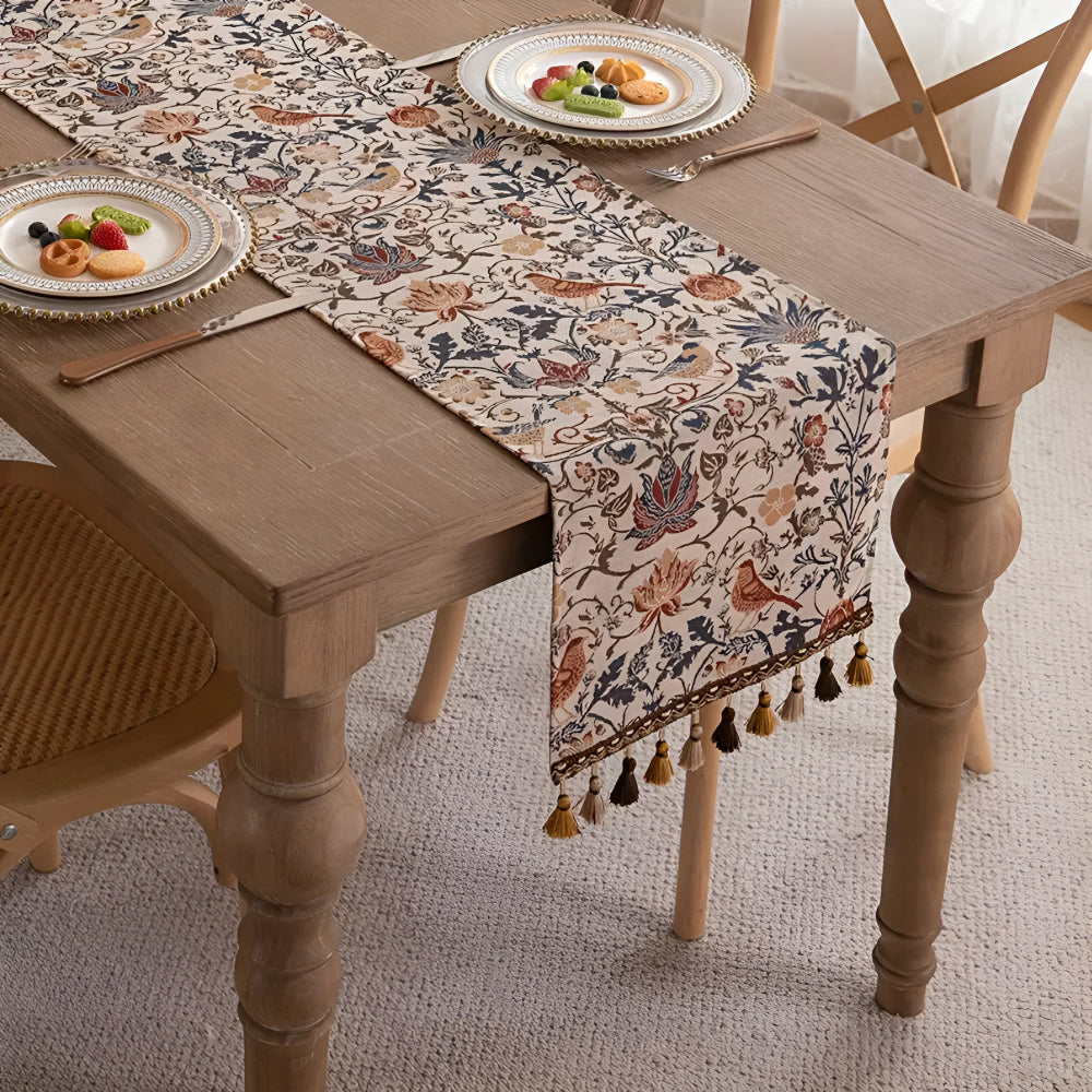 Vintage Floral & Bird Jacquard Table Runner with Tassel Accents