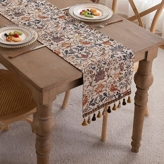 Vintage Floral & Bird Jacquard Table Runner with Tassel Accents