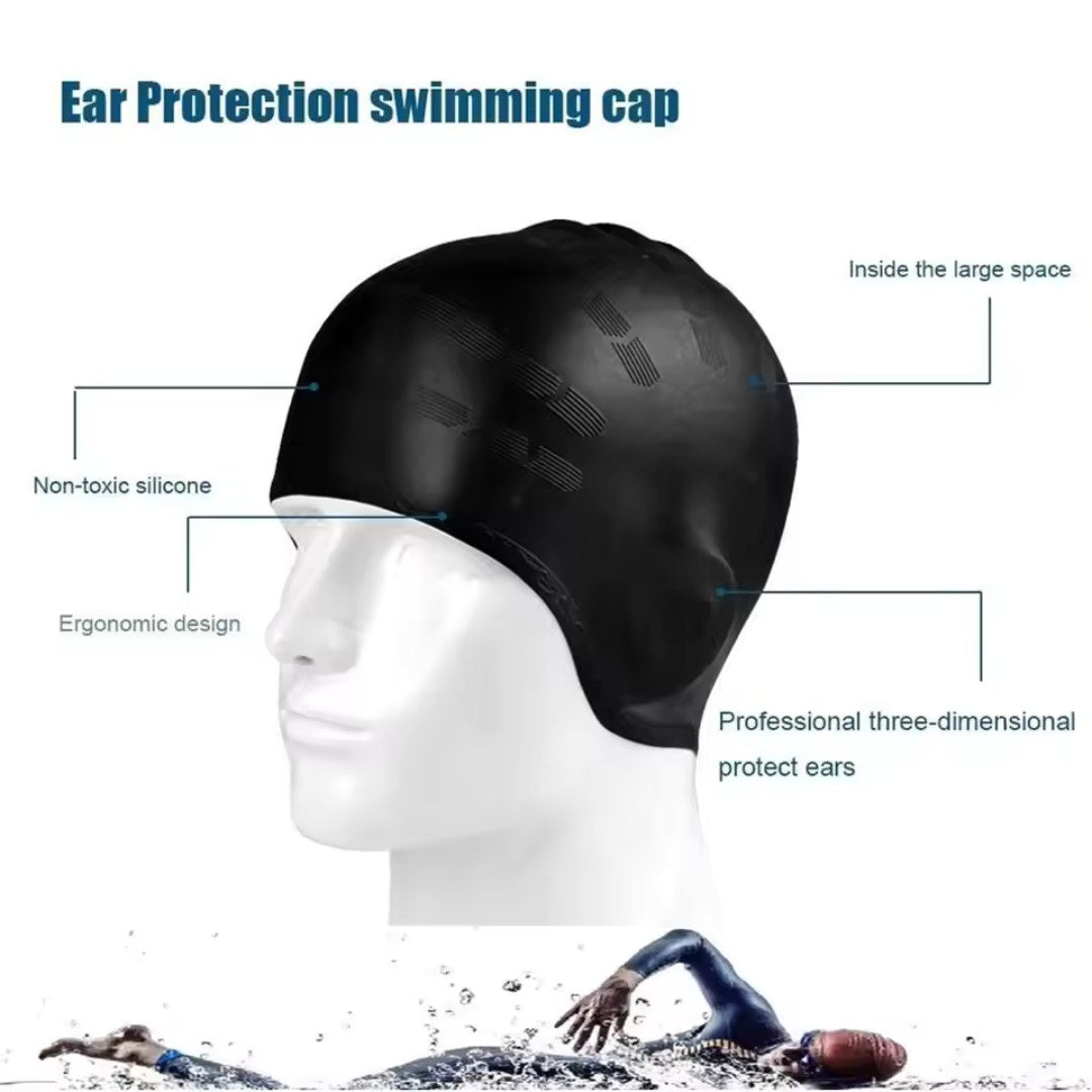 Silicone Swim Cap with Ear Cover and Long Hair Comfort