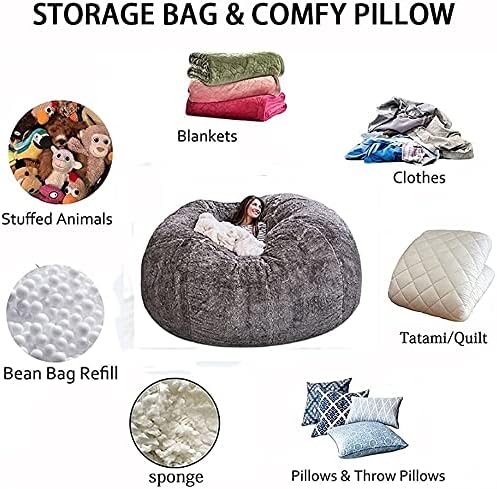Extra-Large 5ft Plush Faux Fur Bean Bag Cover – Soft Lounge Seating (Cover Only)