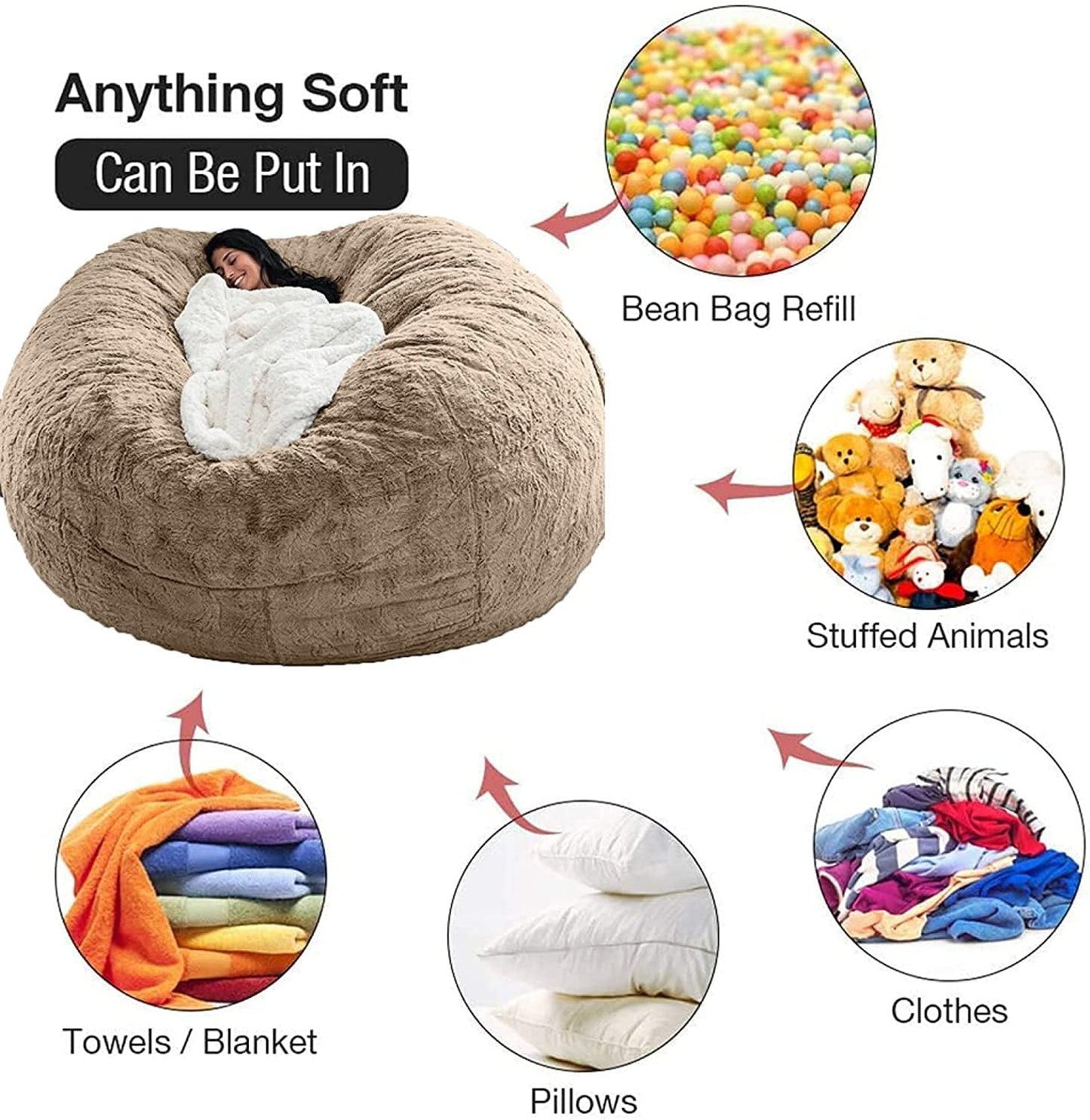 Extra-Large 5ft Plush Faux Fur Bean Bag Cover – Soft Lounge Seating (Cover Only)