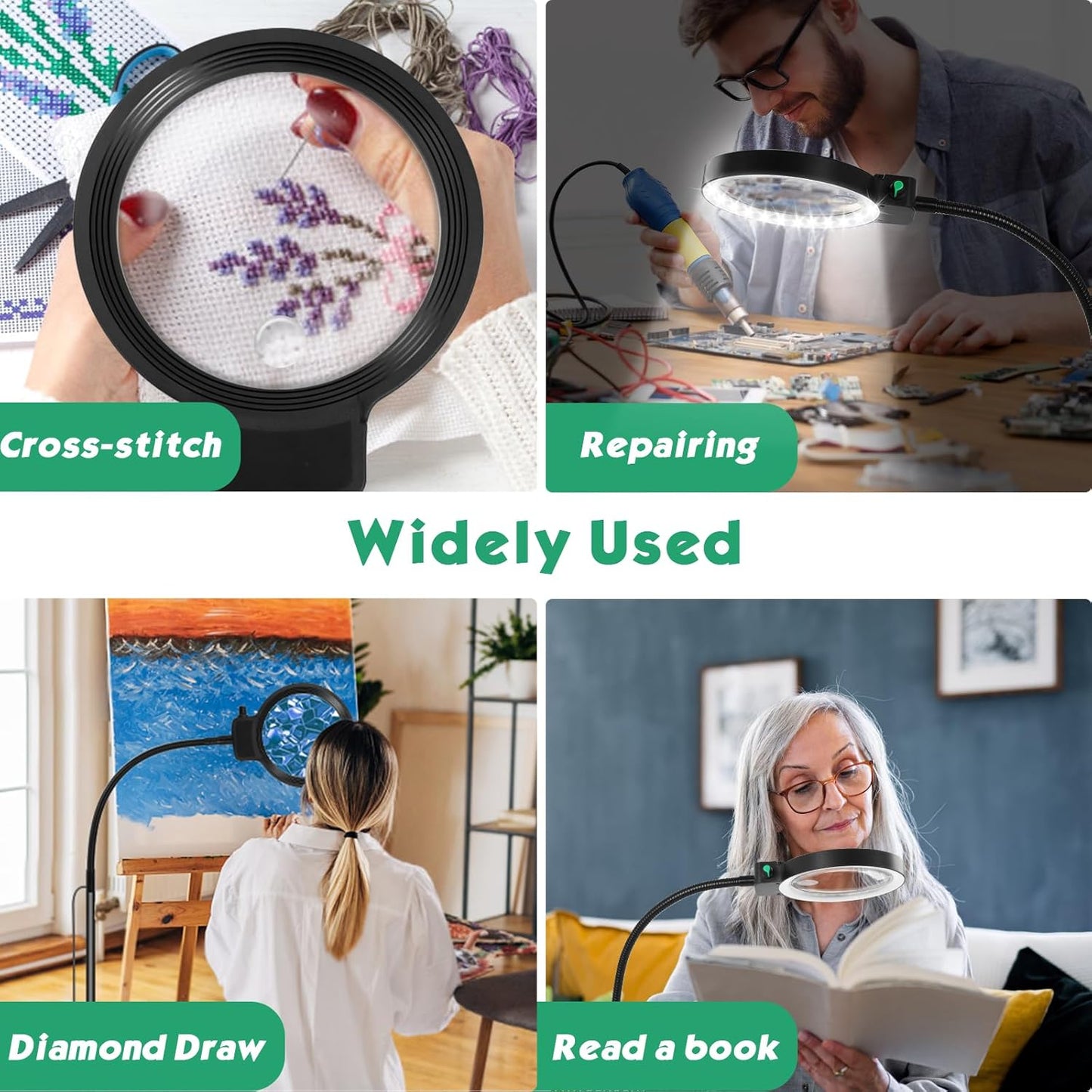 Hands-Free LED Magnifier Glass with 10X & 30X Zoom for Reading & Crafts