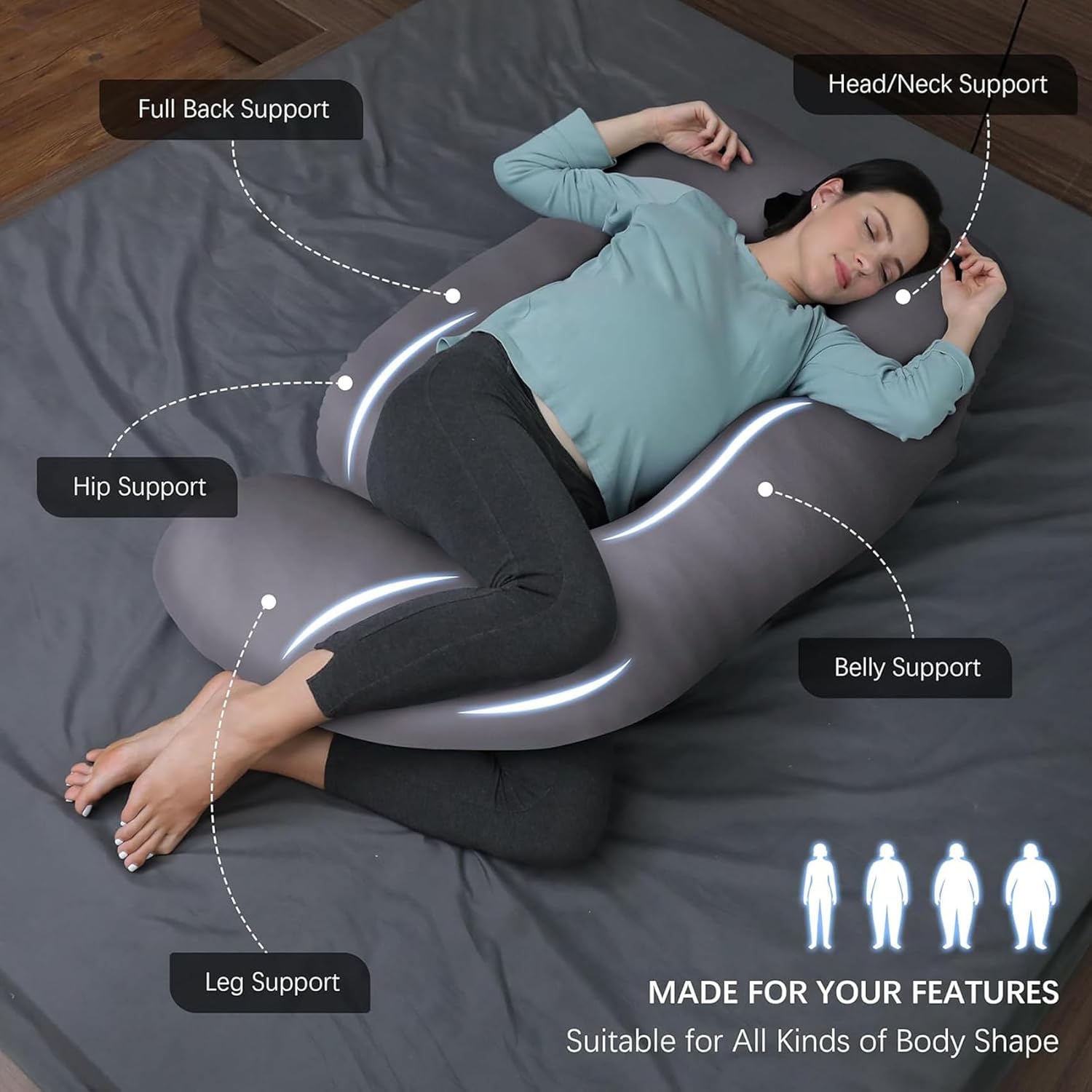 J-Shaped Maternity Pillow for Side Sleep and Nursing Comfort