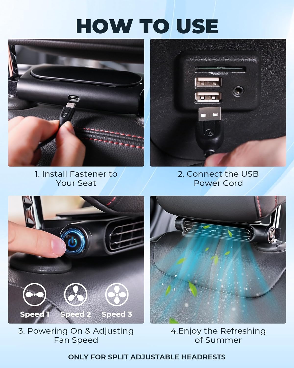 3-Speed USB Car Fan with Headrest Mount – Buy 1 Get 1 Free