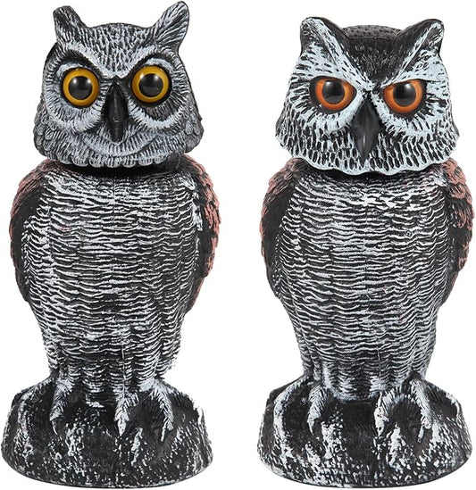 2-Pack Realistic Owl Decoys with Rotating Head for Bird and Pest Control