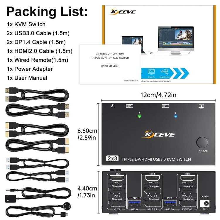 8K USB 3.0 KVM Switch for Triple Monitors with EU Plug
