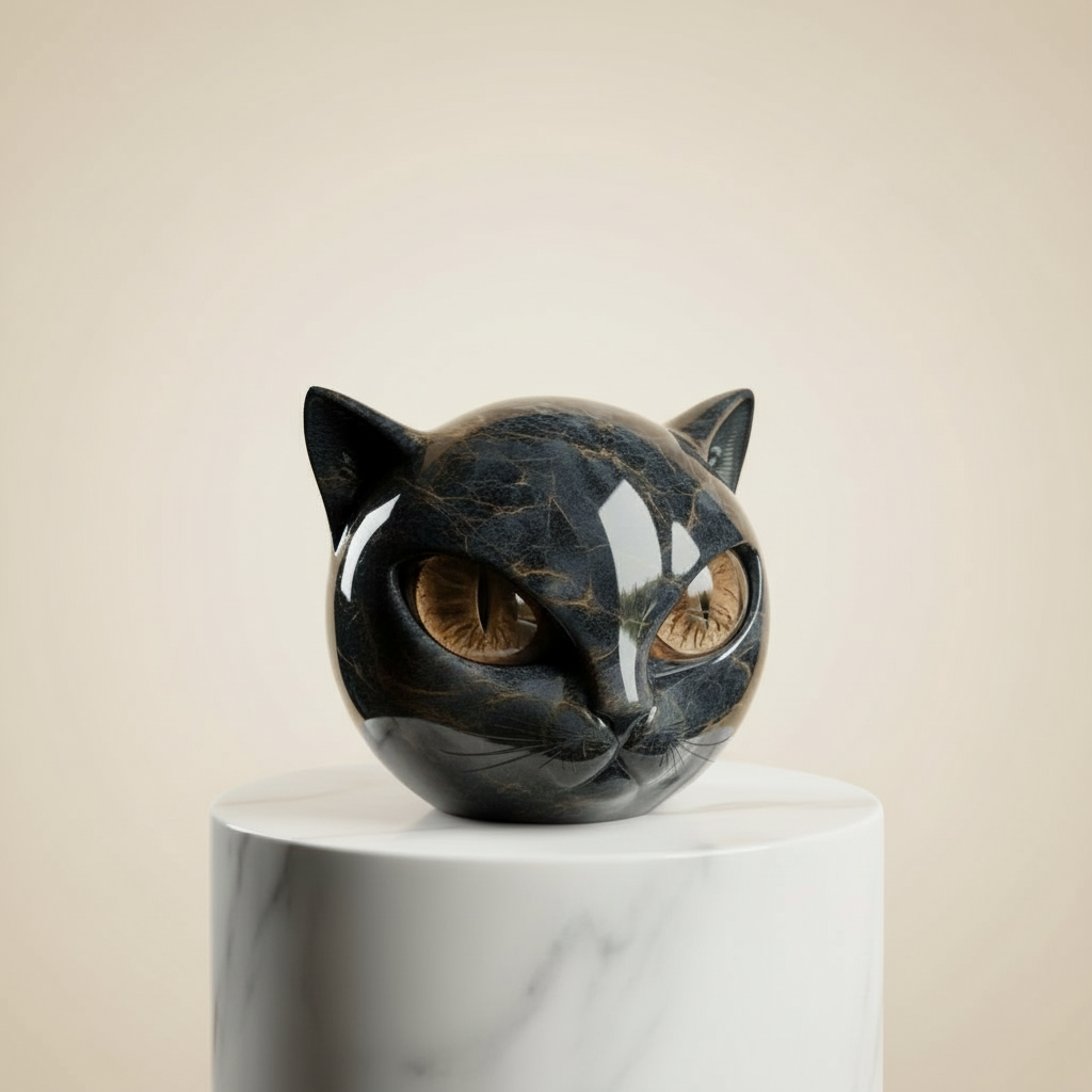Black Cat Head Sculpture with Mesmerizing Eyes