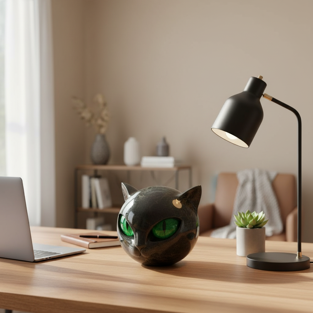 Black Cat Head Sculpture with Mesmerizing Eyes