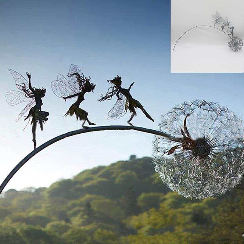 Fairy and Dandelion Dance Metal Sculpture for Outdoor Garden Decor