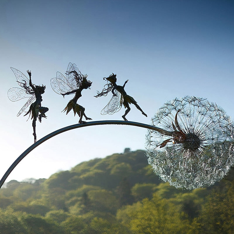 Fairy and Dandelion Dance Metal Sculpture for Outdoor Garden Decor