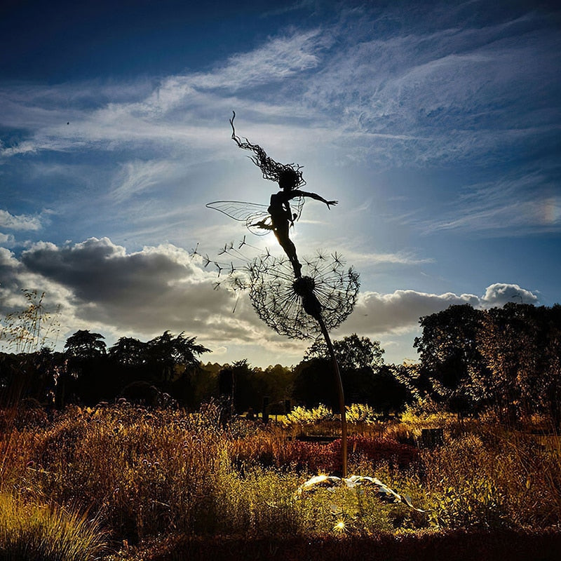 Fairy and Dandelion Dance Metal Sculpture for Outdoor Garden Decor