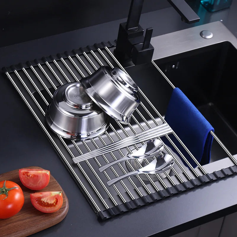 Stainless Steel Space-Saving Foldable Dish Drying Rack with Strainer