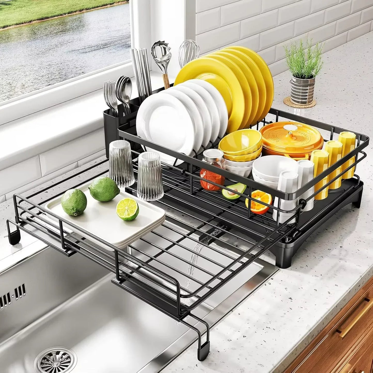 Dish Drying Rack with Swivel Drainboard & Spacious Utensil Holder