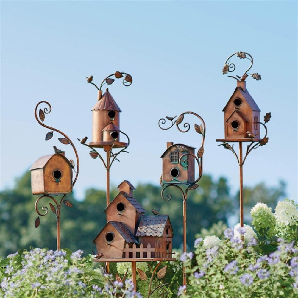 Metal Art Birdhouse Stake for Gardens - FeatherNest Design