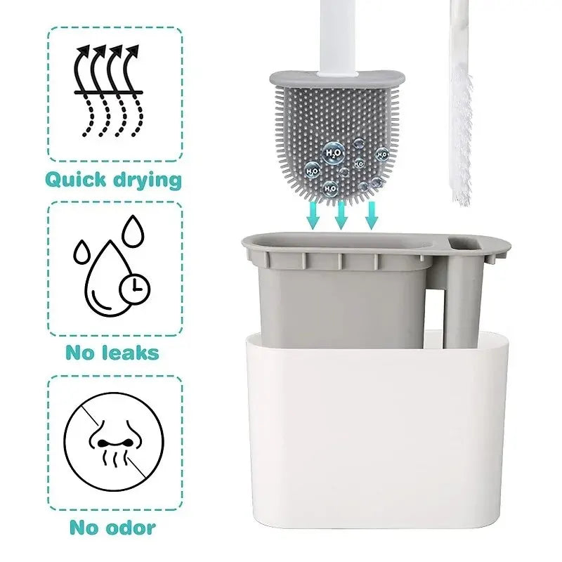 2-in-1 Silicone Toilet Brush Set with Wall-Mount, Antibacterial & Compact