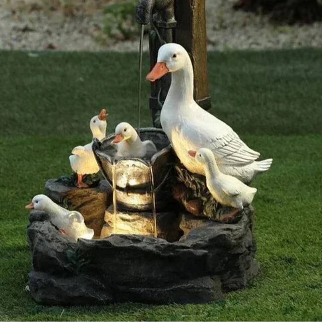 Solar-Powered Garden Fountain with Duck & Squirrel LED Decor for Balcony