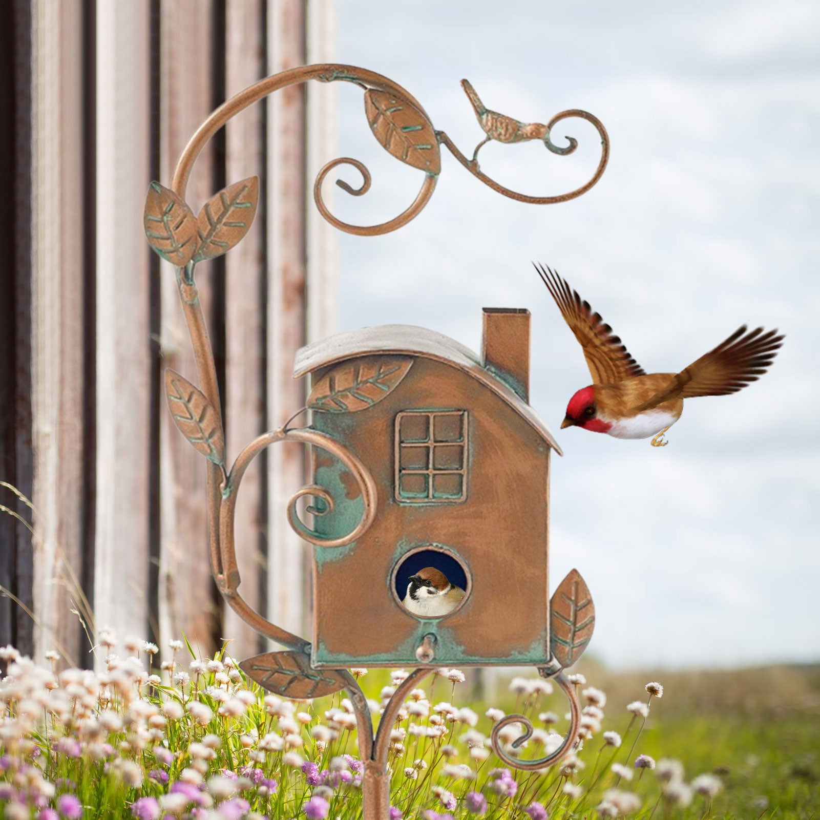 Metal Art Birdhouse Stake for Gardens - FeatherNest Design