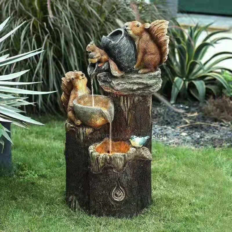 Solar-Powered Garden Fountain with Duck & Squirrel LED Decor for Balcony
