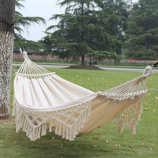 200x150cm White Canvas Hammock with Fringe and Pole for Camping