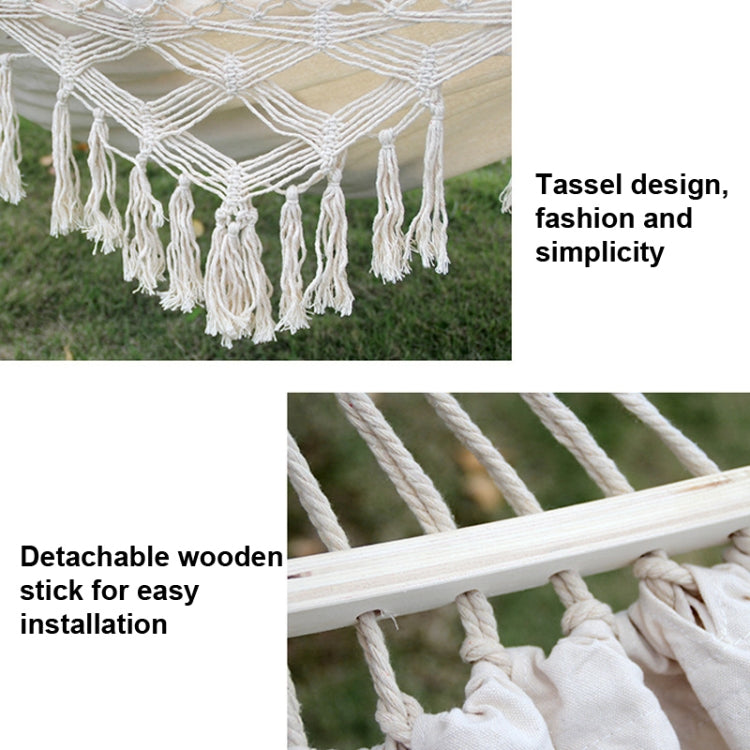 200x150cm White Canvas Hammock with Fringe and Pole for Camping