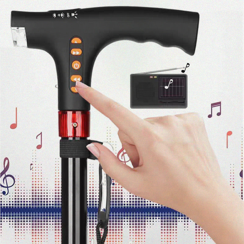 Smart Walking Cane with LED Light, Radio, and Emergency Alarm, Adjustable