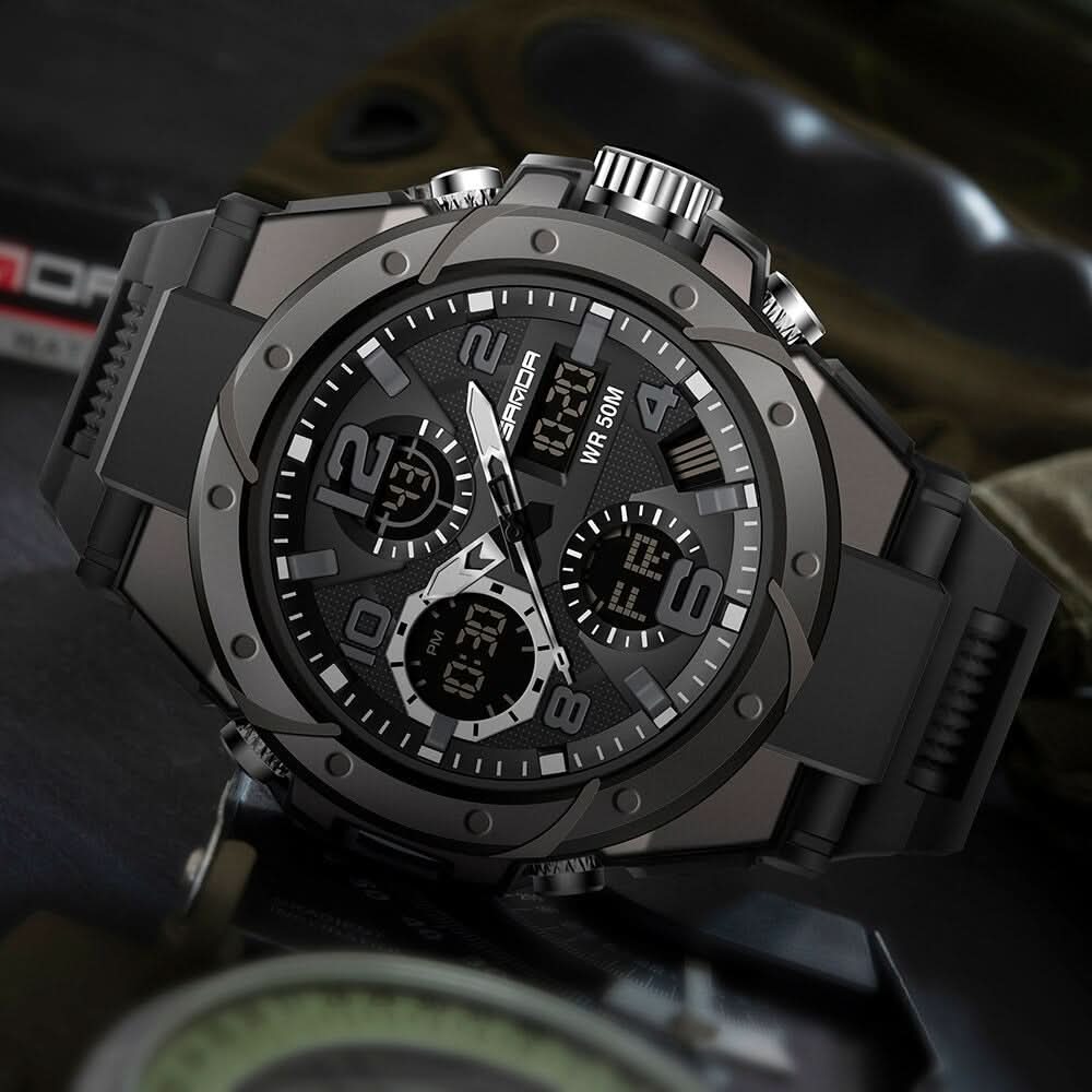 Men's Rugged Military Watch with Dual Analog-Digital Display