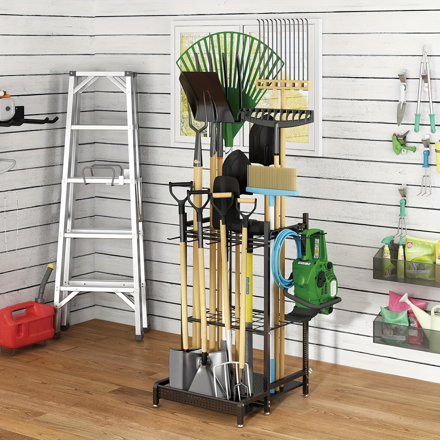 Heavy-Duty Black Metal Garden Rack – Robust Outdoor Tool & Hose Storage Organizer