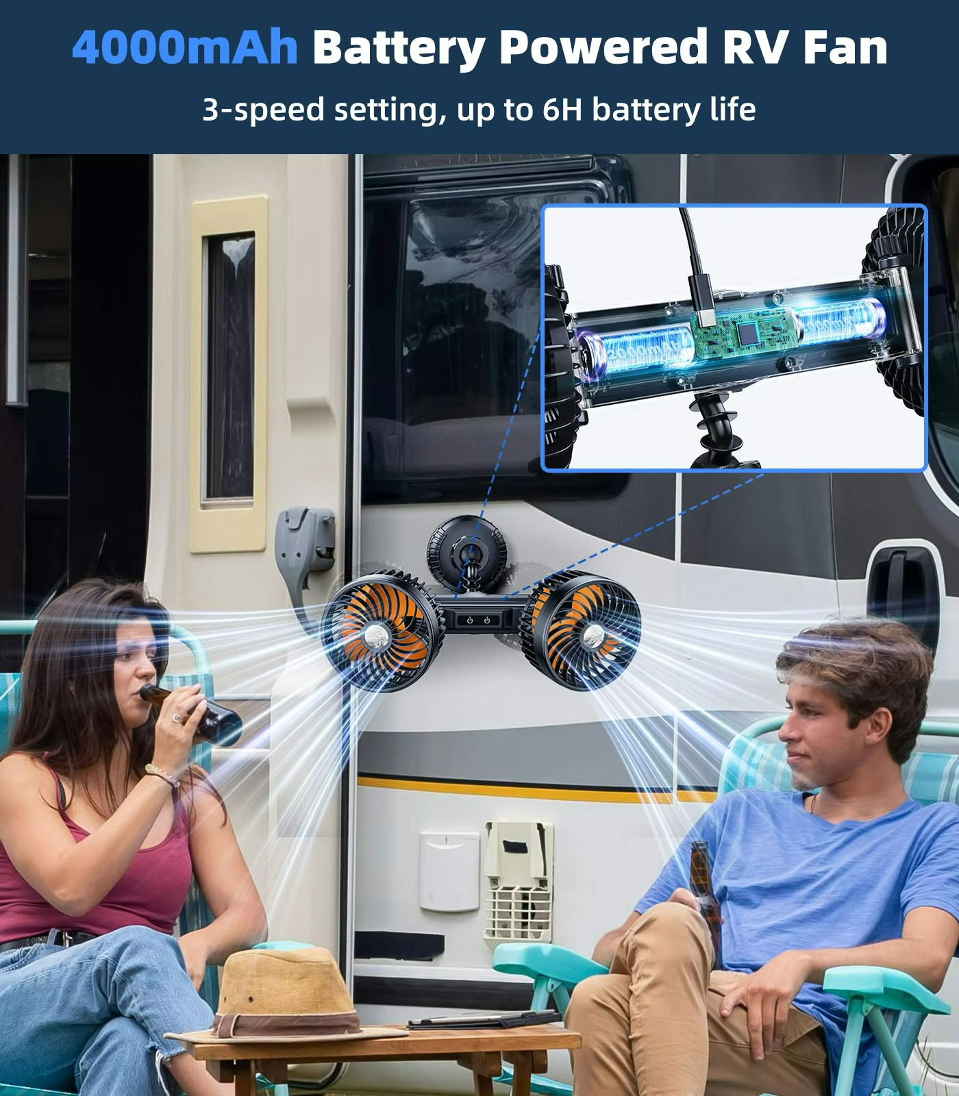 Wireless Car Fan with 4000 mAh Battery and Adjustable 3-Speed Settings