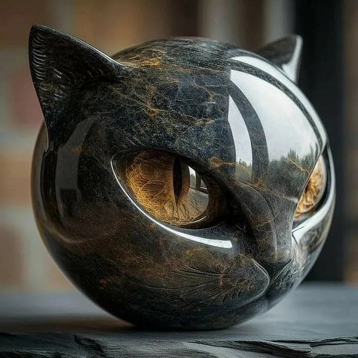 Black Cat Head Sculpture with Mesmerizing Eyes
