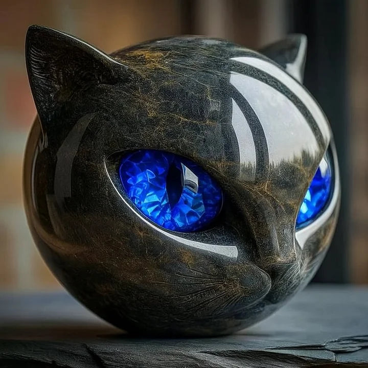 Black Cat Head Sculpture with Mesmerizing Eyes