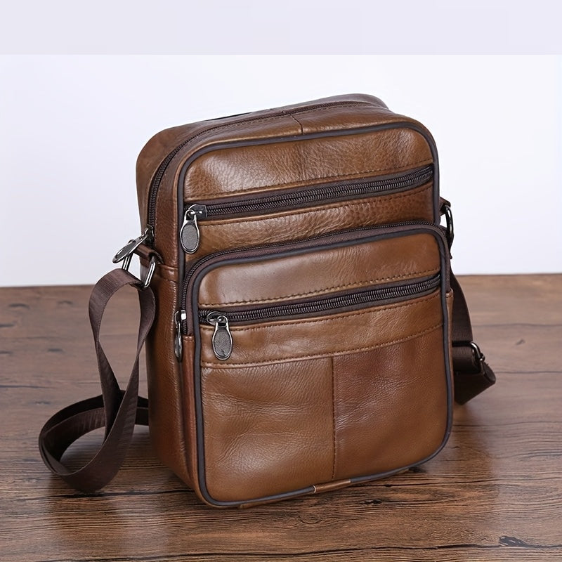 Men's Genuine Cowhide Leather Crossbody Bag with Adjustable Strap
