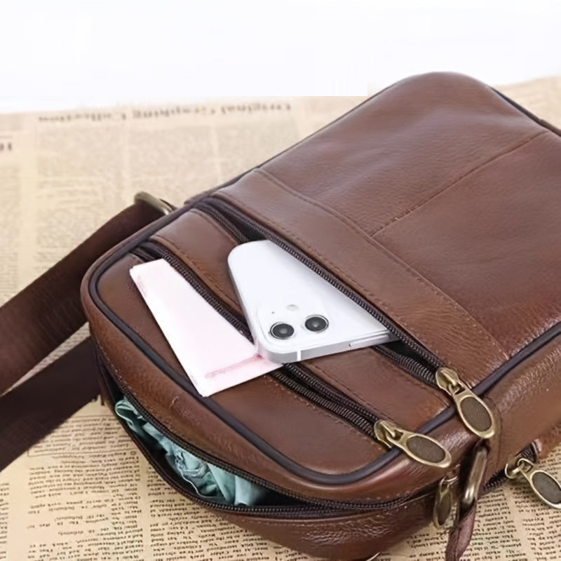 Men's Genuine Cowhide Leather Crossbody Bag with Adjustable Strap