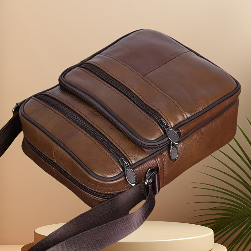 Men's Genuine Cowhide Leather Crossbody Bag with Adjustable Strap