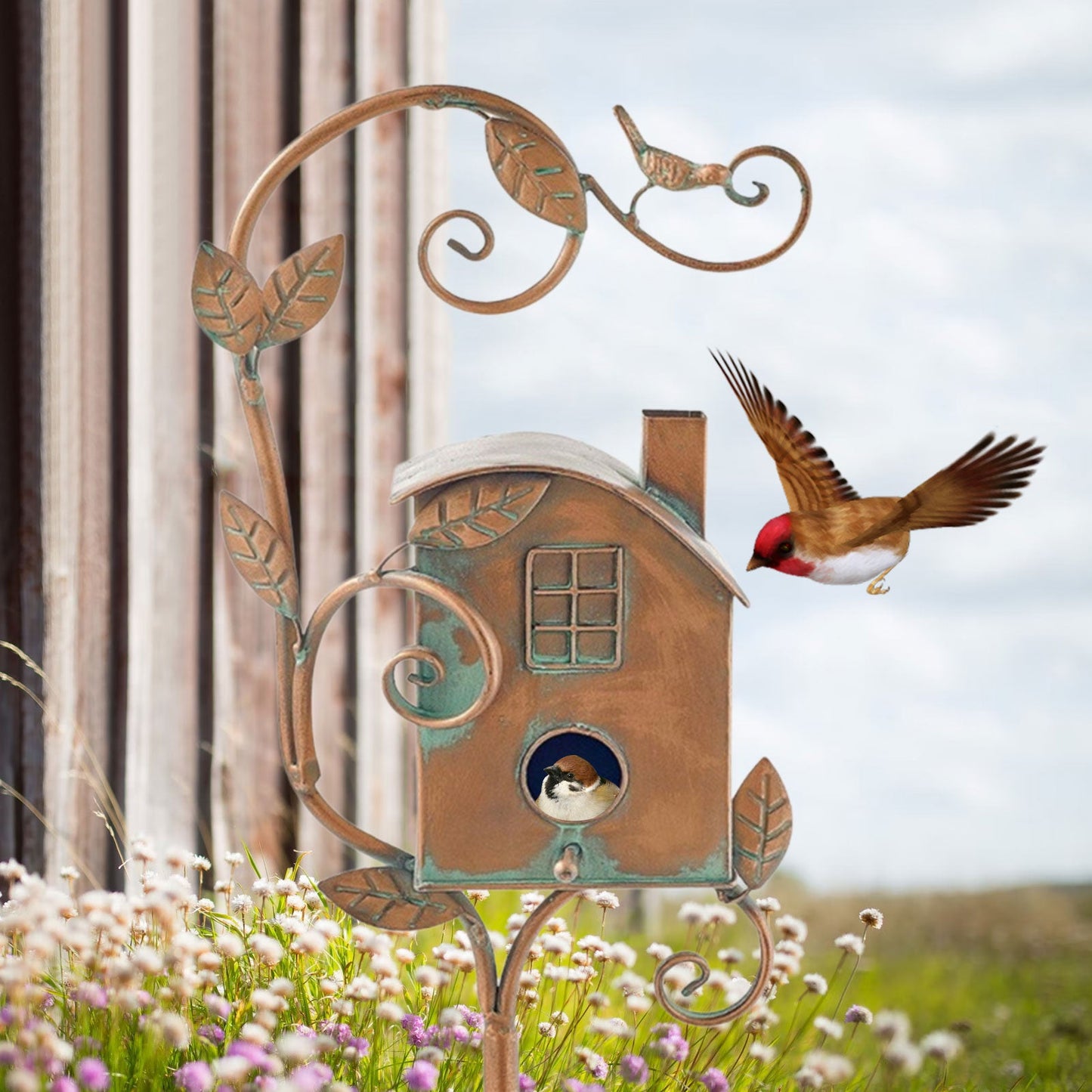 Metal Art Birdhouse on a Garden Stake for Outdoor Charm