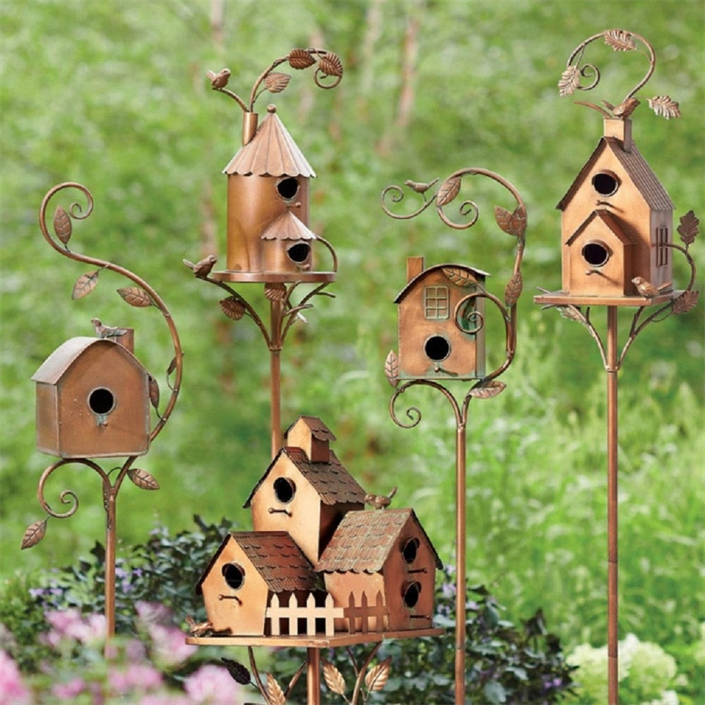 Metal Art Birdhouse on a Garden Stake for Outdoor Charm