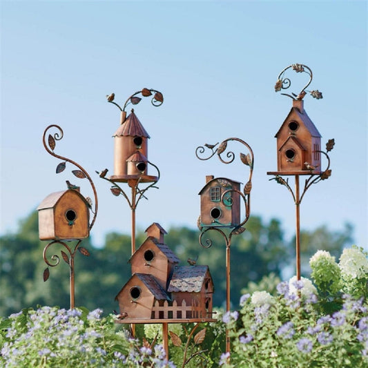 Metal Art Birdhouse on a Garden Stake for Outdoor Charm