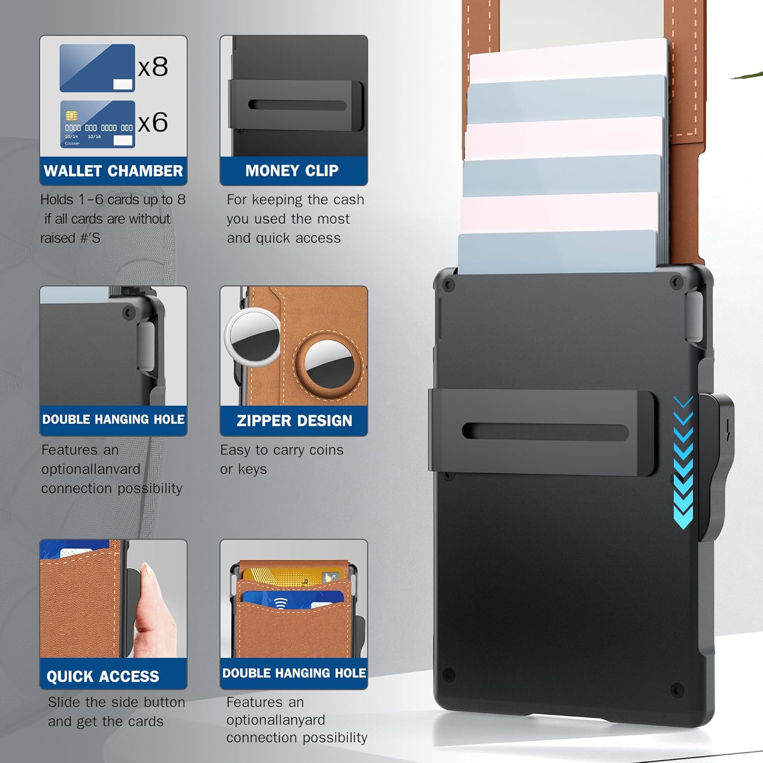Pop-Up Aluminum Money Clip Wallet with RFID Protection and AirTag Slot