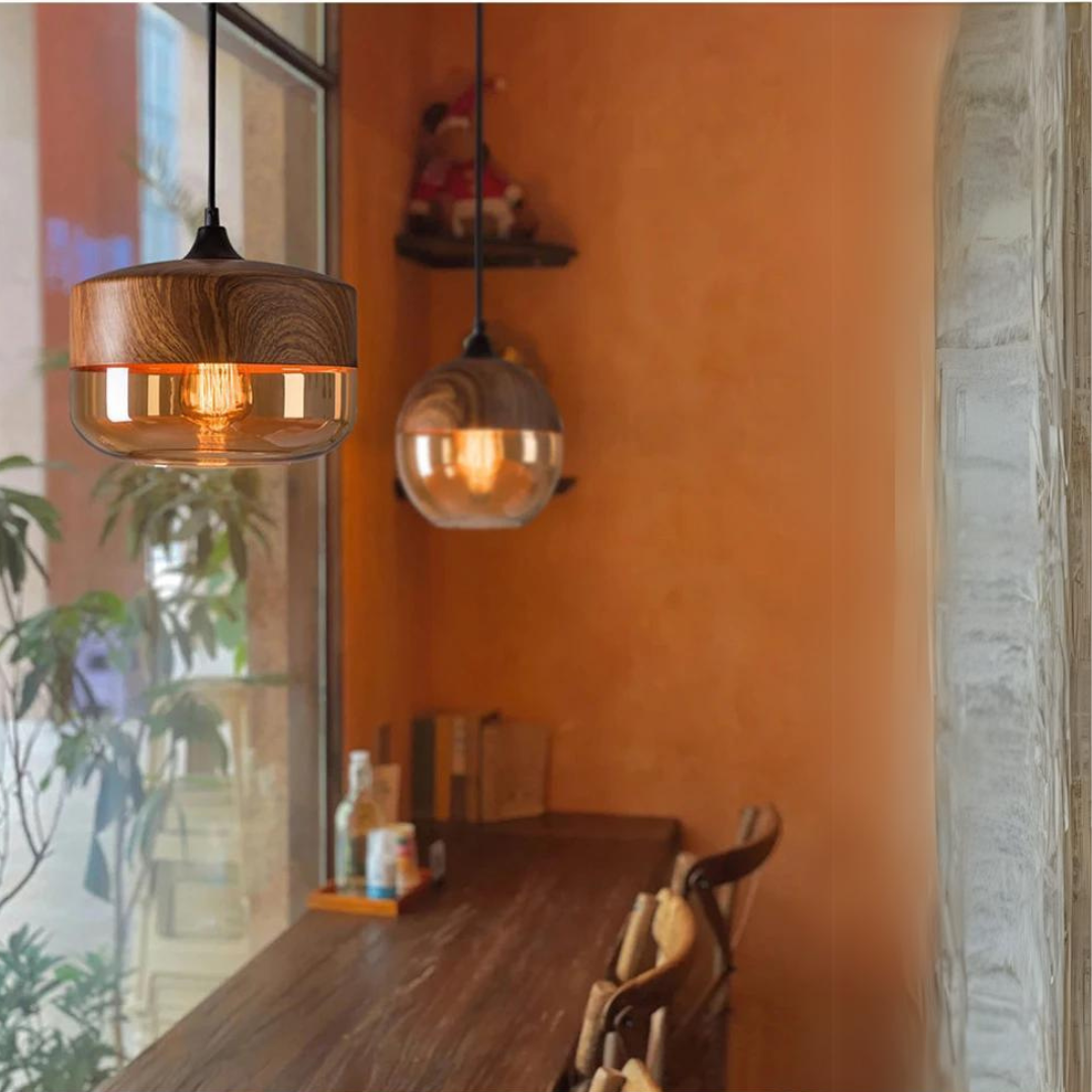 Scandinavian Chic Wooden Ceiling Light with Tinted Glass