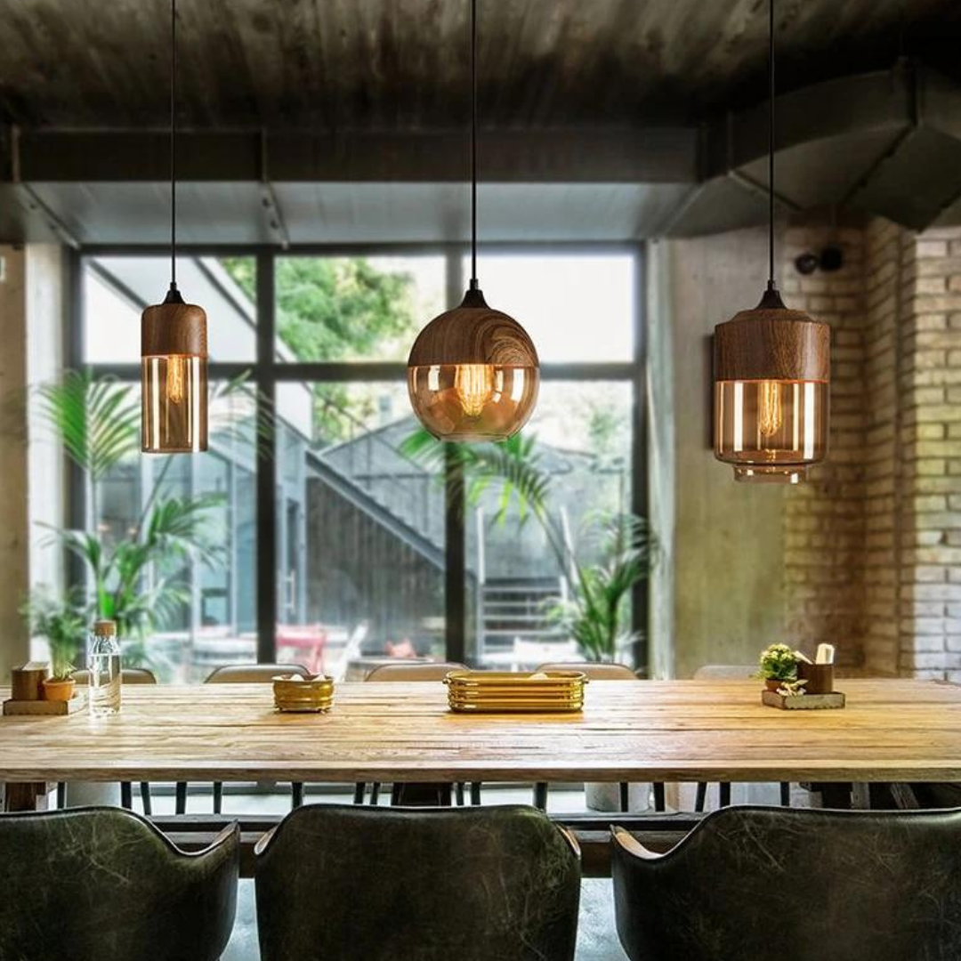 Scandinavian Chic Wooden Ceiling Light with Tinted Glass