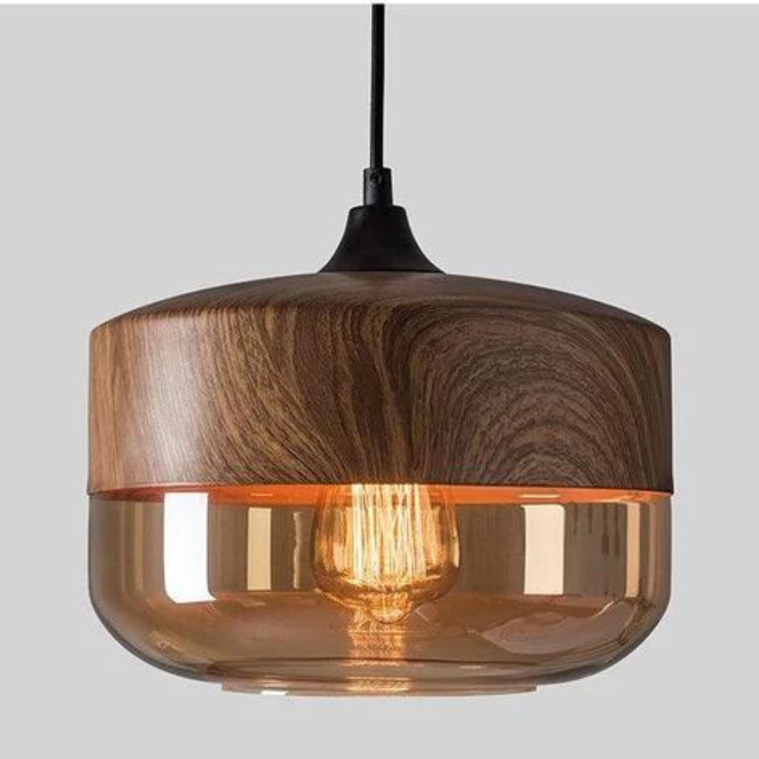 Scandinavian Chic Wooden Ceiling Light with Tinted Glass