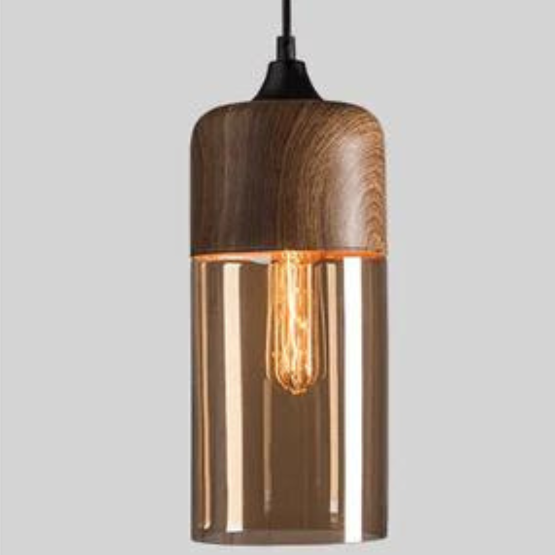 Scandinavian Chic Wooden Ceiling Light with Tinted Glass